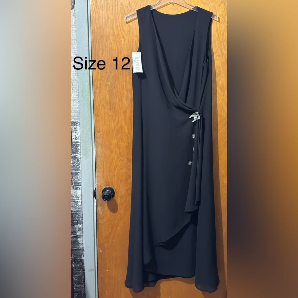 Together Black Maxi Dress with Draped Front and Decorative Brooch